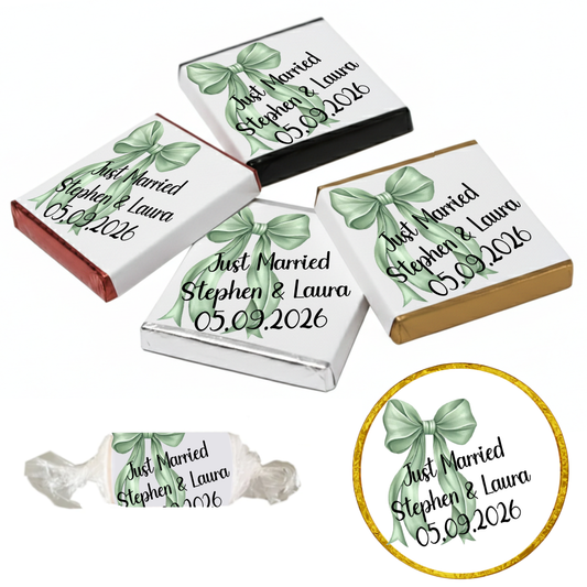 Personalised Chocolate Party Favours and Love Heart Rolls - Sage Green Bow