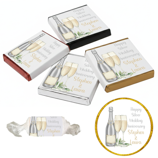 Personalised Chocolate Party Favours and Love Heart Rolls - Champagne Silver 2 Glasses