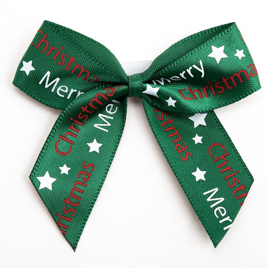 Green Merry Christmas 5cm Satin Bows - Self Adhesive