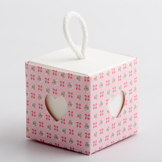 Pink Bloom 50mm Cube Box with Cord and Heart Sleeve - Perfect Tables
