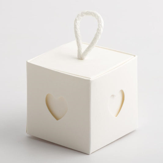 Powder White 50mm Cube Box with Cord and Heart Sleeve