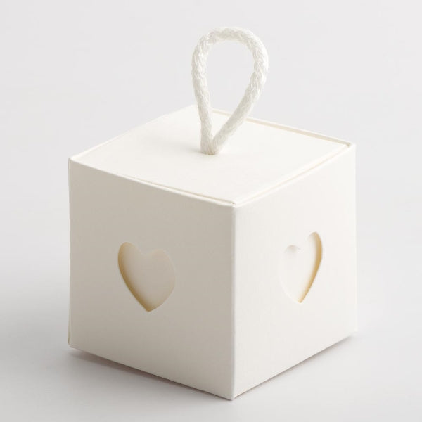 Powder White 50mm Cube Box with Cord and Heart Sleeve - Perfect Tables