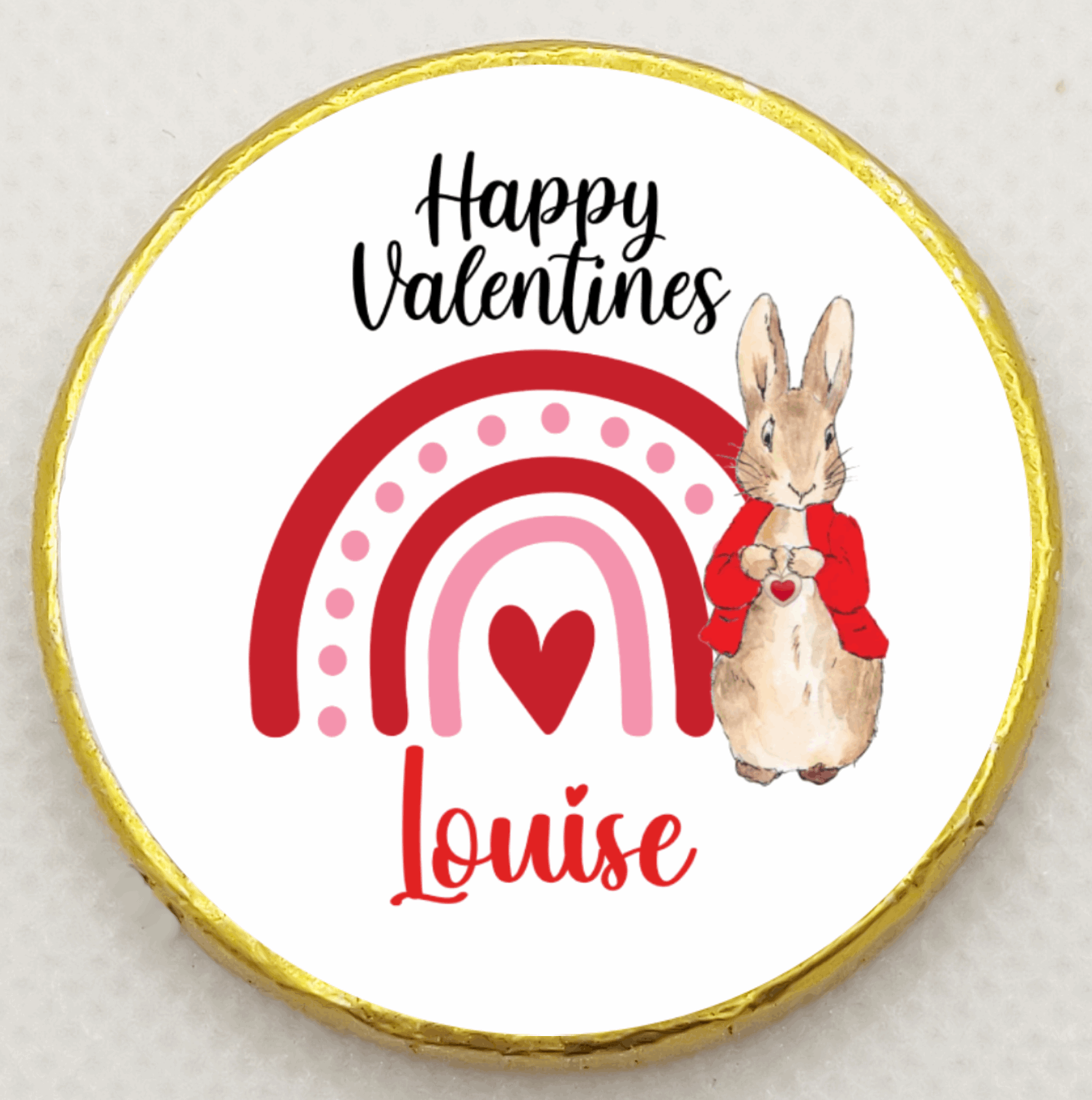 Personalised Peter Rabbit Red Happy Valentines Rainbow - Chocolate Coin