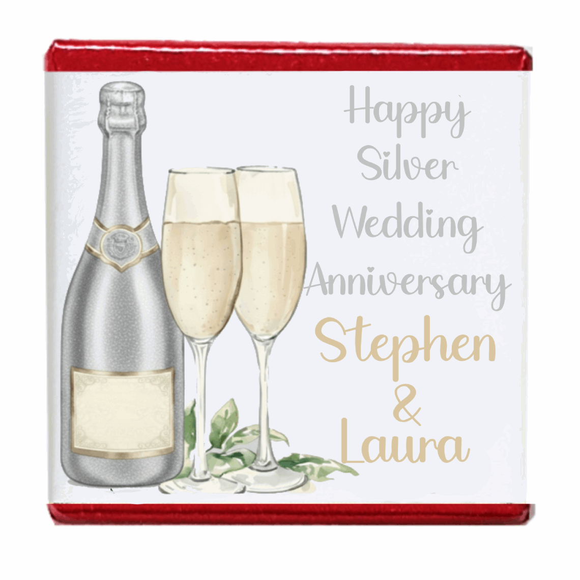 Personalised Chocolate Party Favours and Love Heart Rolls - Champagne Silver 2 Glasses