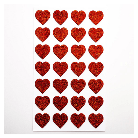 Red Glitter Heart Stickers 2x2cm Sheet of 28 - Perfect Tables