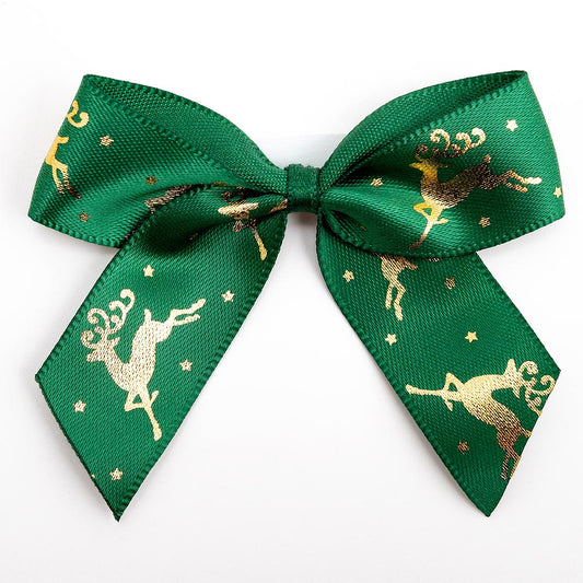 Reindeer Green/Gold Foil 5cm Satin Bows - Self Adhesive