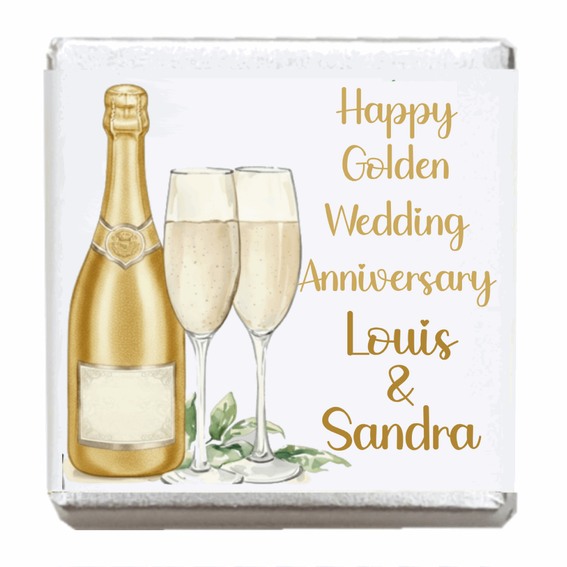 Personalised Chocolate Party Favours and Love Heart Rolls - Champagne Gold 2 Glasses