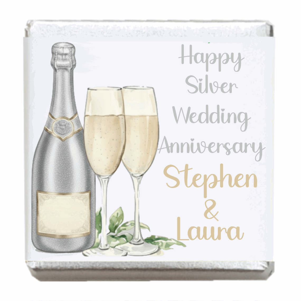 Personalised Chocolate Party Favours and Love Heart Rolls - Champagne Silver 2 Glasses