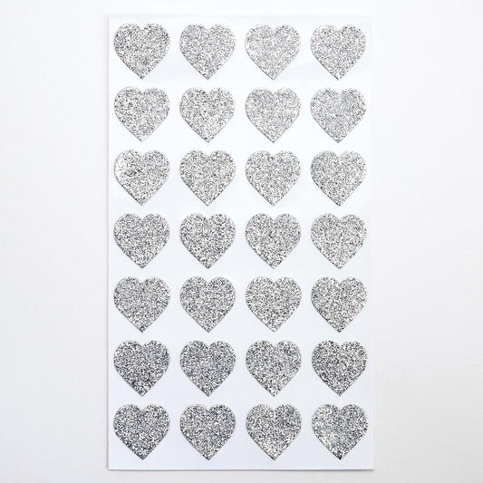 Silver Glitter Heart Stickers 2x2cm Sheet of 28 - Perfect Tables