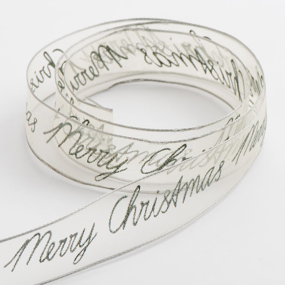 Silver Merry Christmas Organza Wired Edge Ribbon