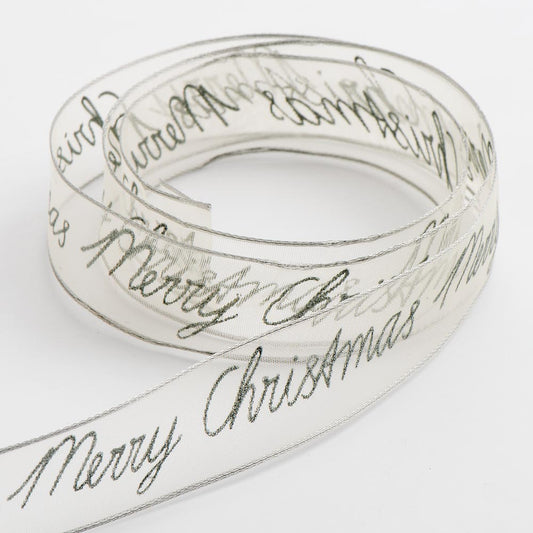 Silver Merry Christmas Organza Wired Edge Ribbon