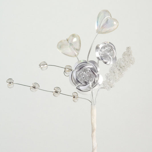 Silver Metallic Rose and Heart Spray