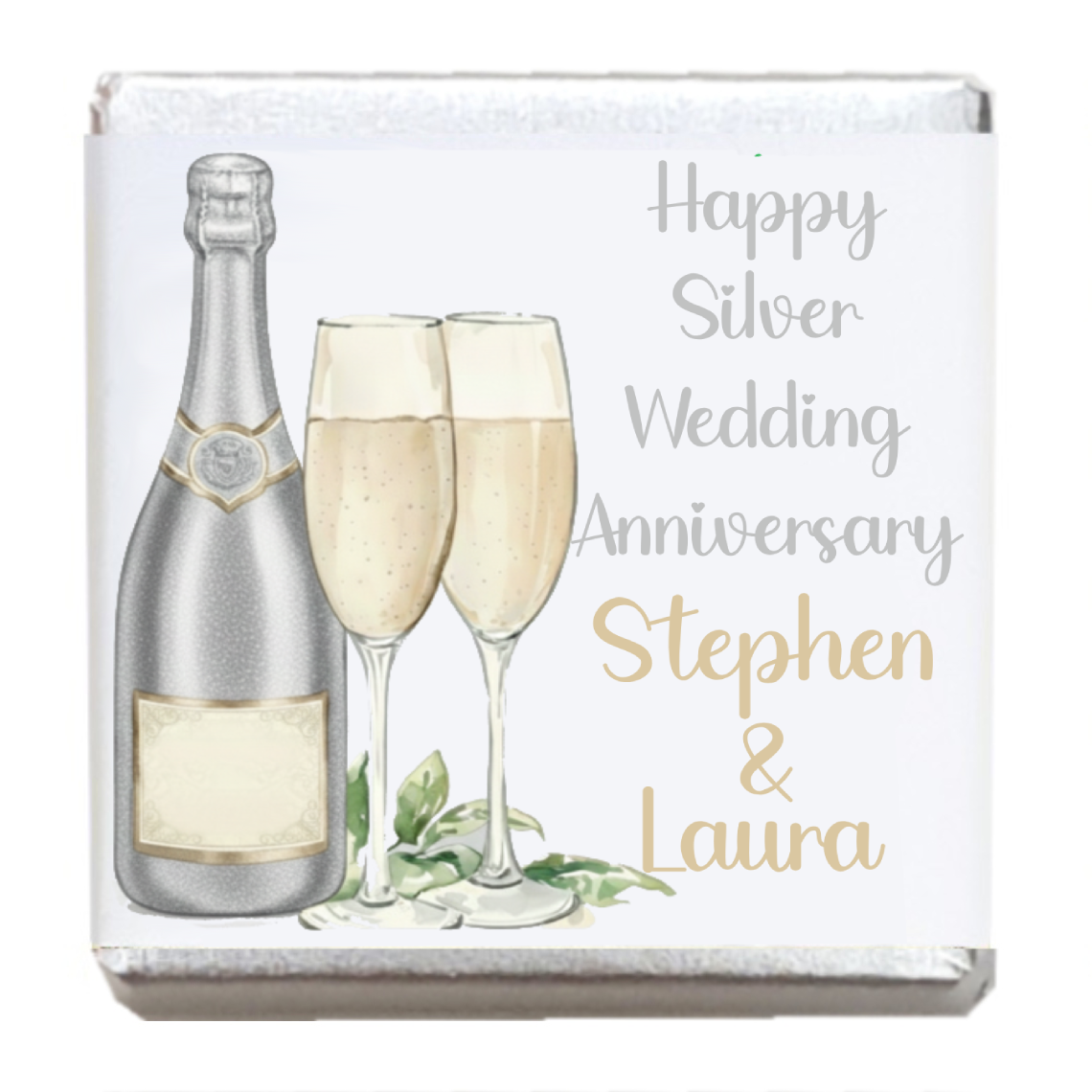 Personalised Chocolate Party Favours and Love Heart Rolls - Champagne Silver 2 Glasses