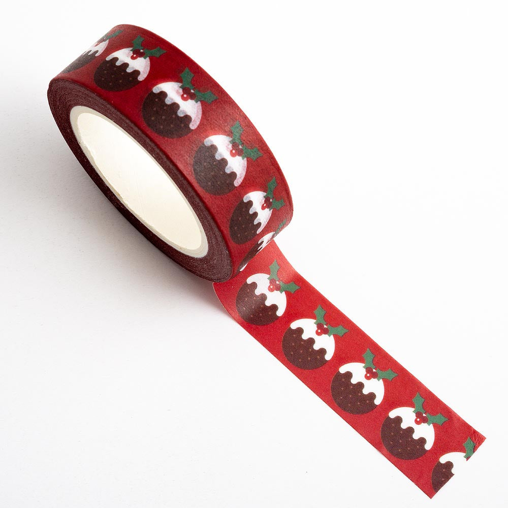 Christmas Puddings Adhesive Washi Tape 15mm 10 Metre Reel - Perfect Tables