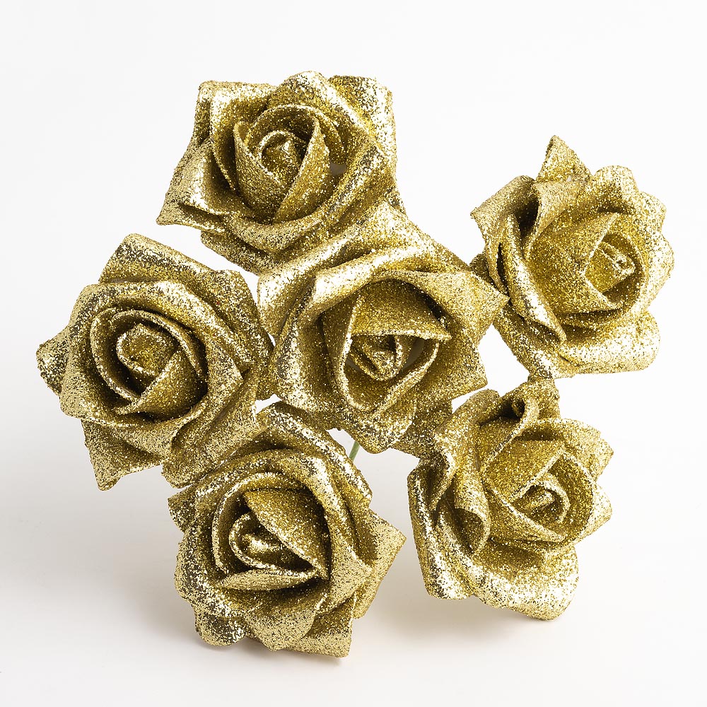 Glitter Gold 5cm Foam Roses Bunch of 6 - Perfect Tables