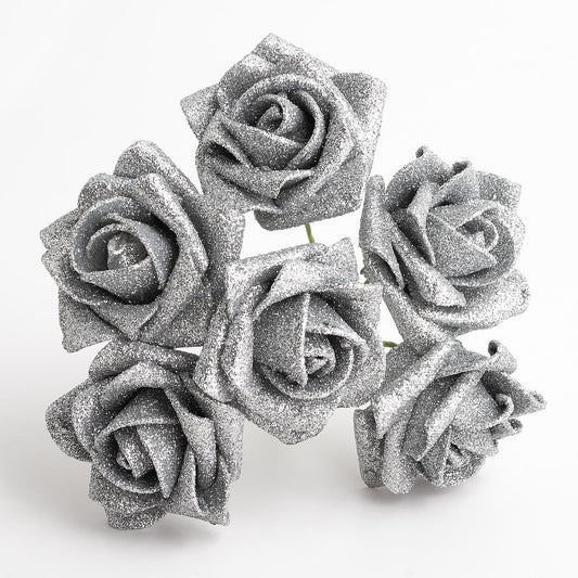 Glitter Silver 5cm Foam Roses Bunch of 6