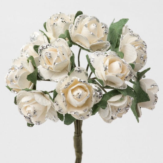 Glitter Silver and Off White Paper Tea Roses Bunch of 12