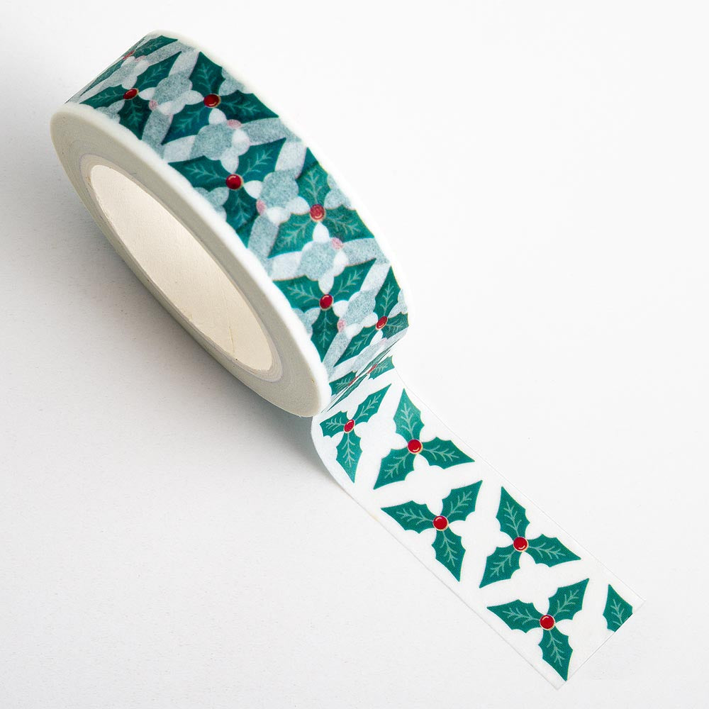 Holly & Berries Adhesive Washi Tape 15mm 10 Metre Reel - Perfect Tables