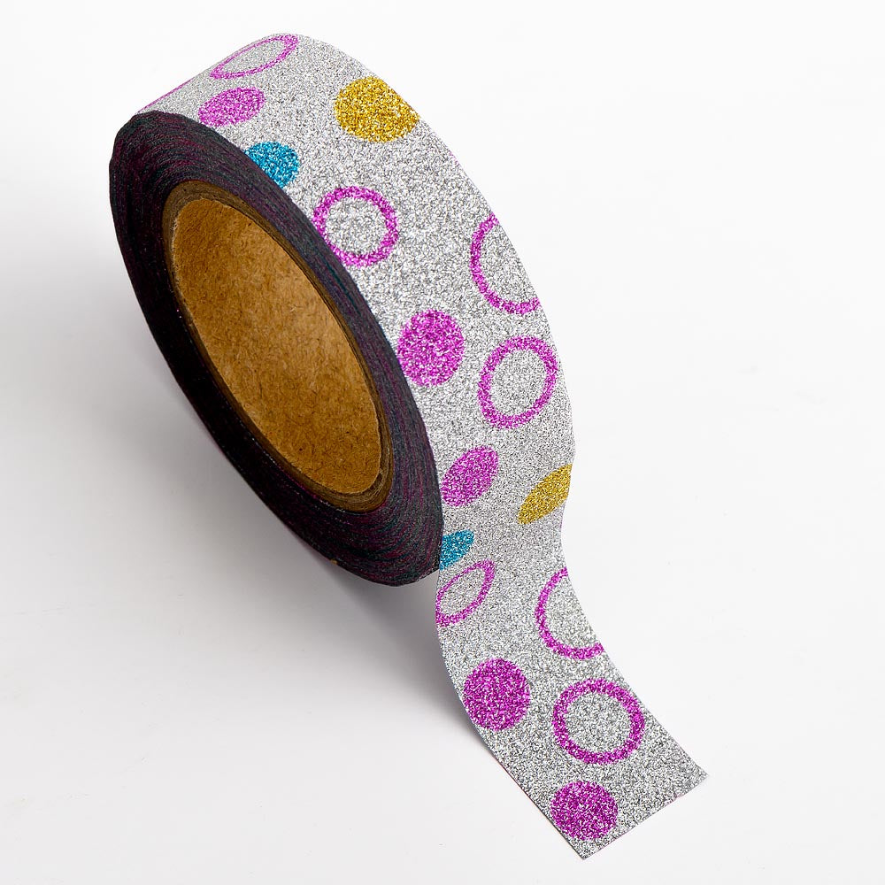 Multicolour Circles Glitter Adhesive Washi Tape 15mm 10 Metre Reel