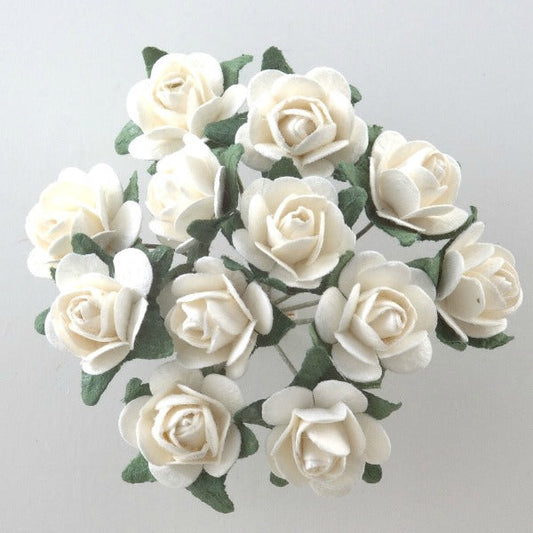 Off White and Green Paper Tea Roses Bunch of 12