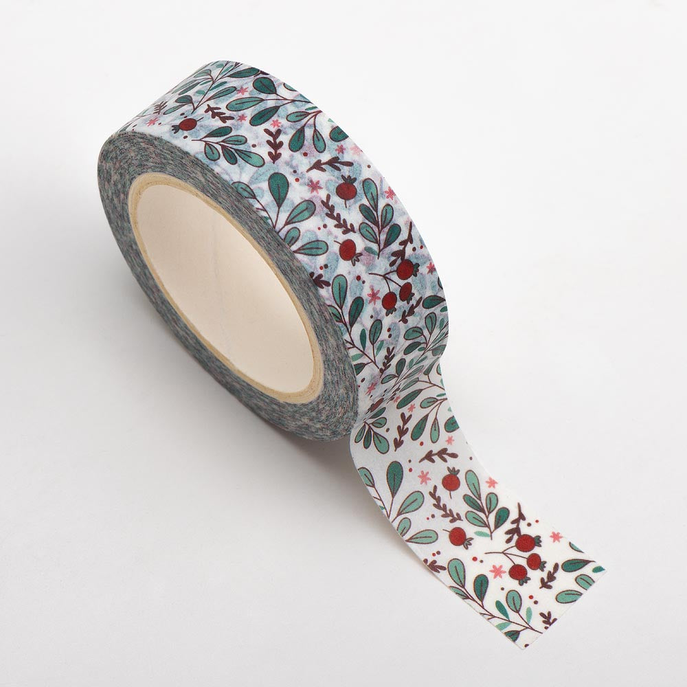 Red Bud Green Leaf Adhesive Washi Tape 15mm 10 Metre Reel