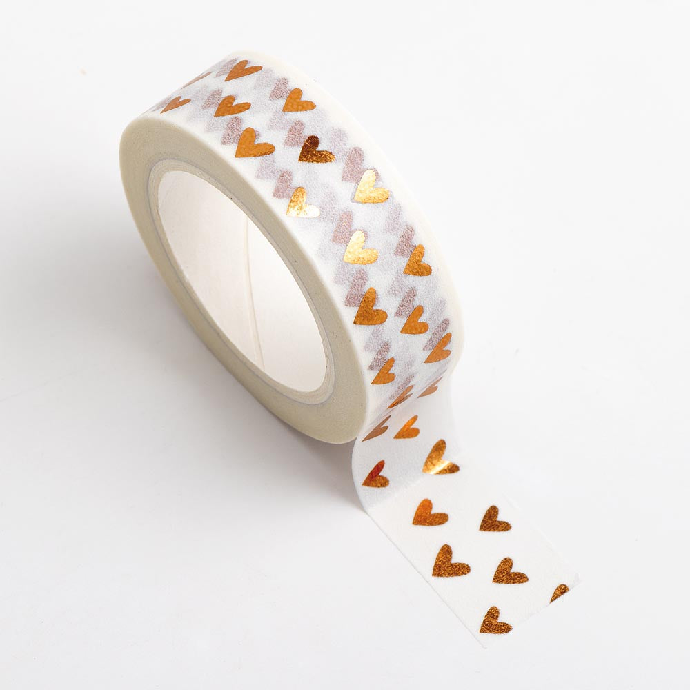 Rose Gold Hearts Adhesive Washi Tape 15mm 10 Metre Reel